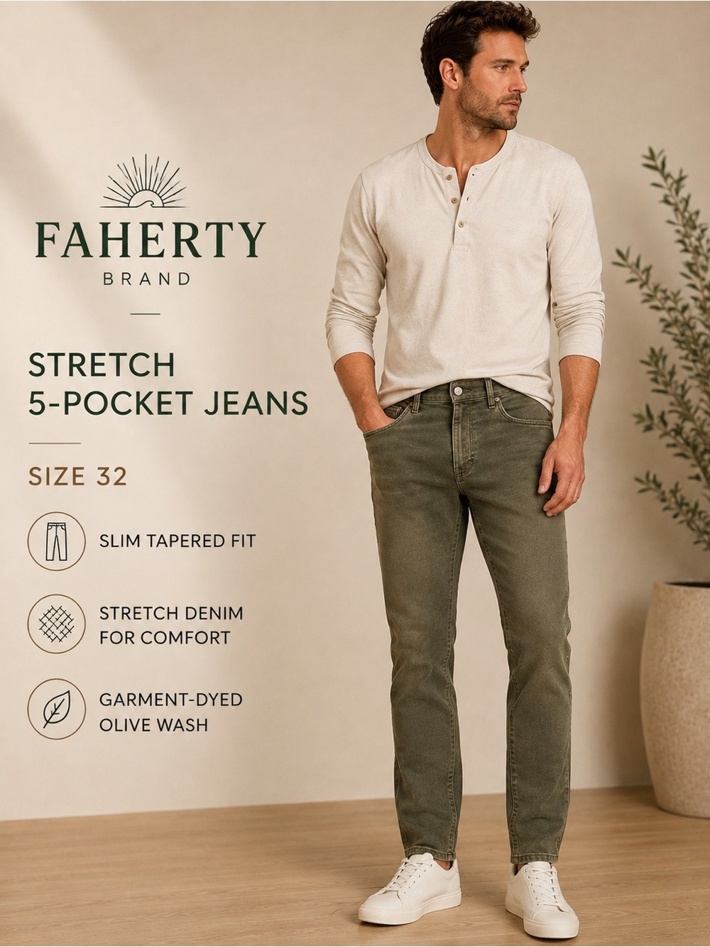 Faherty Slim Tapered Jeans in Olive